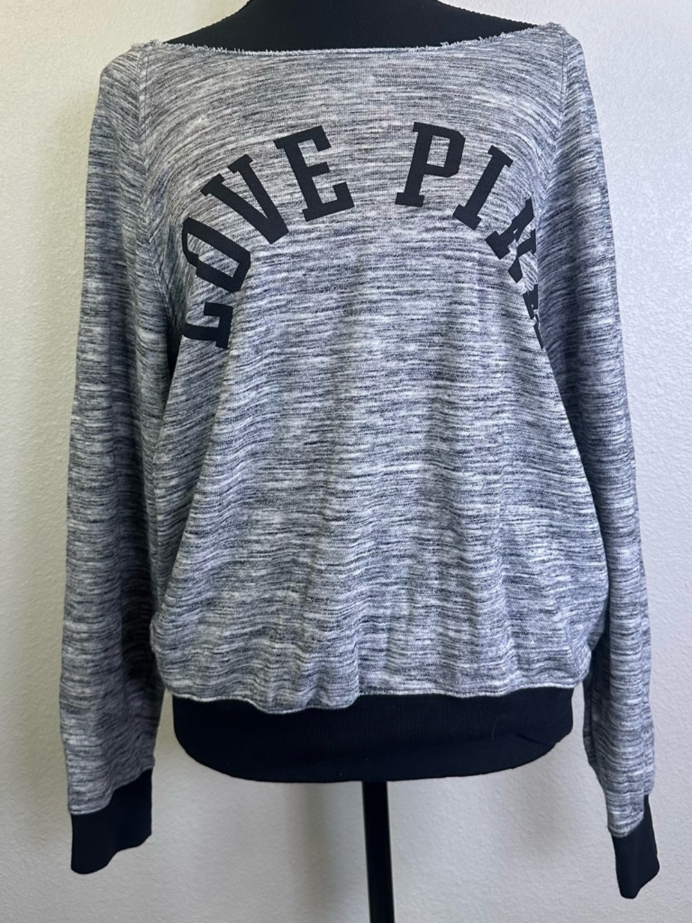 #93- Victoria Secret LOVE PINK Gray Marled Off-Shoulder Sweatshirt Size S